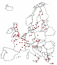 Географическая сеть из 73 всасывающих ловушек, размещенных в 19 странах Европы (из Denholm et al., 2001)